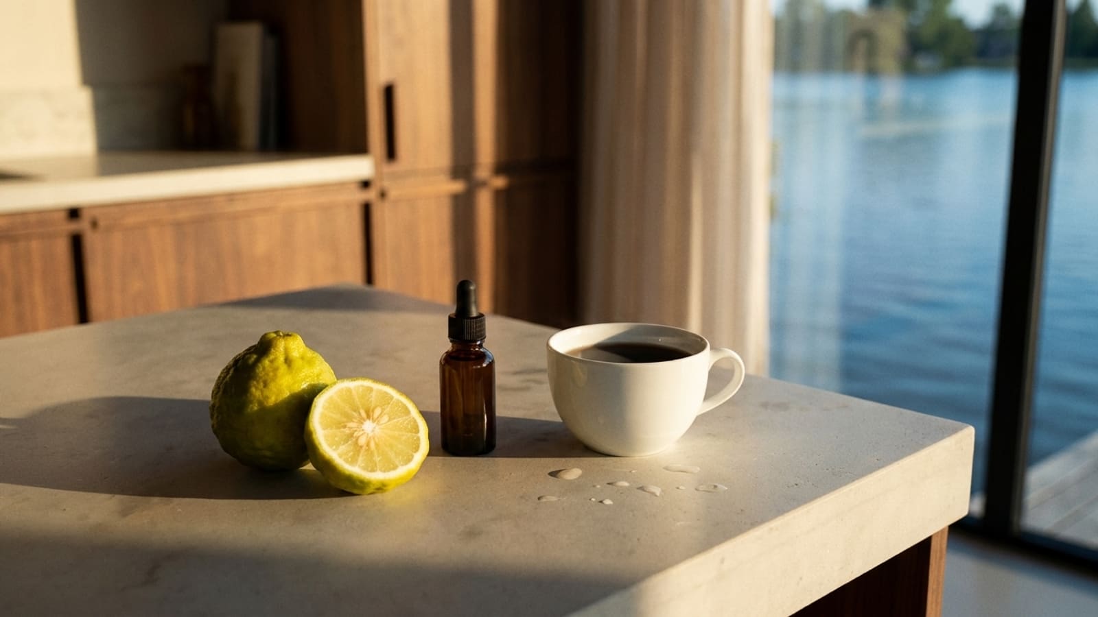 Een hele en een gehalveerde groengele bergamot naast een bruin glazen druppelflesje en een witte kop thee op een licht aanrecht in laag zonlicht, met waterdruppels op het blad, houten keukenkastjes en een gordijn erachter en water achter het raam