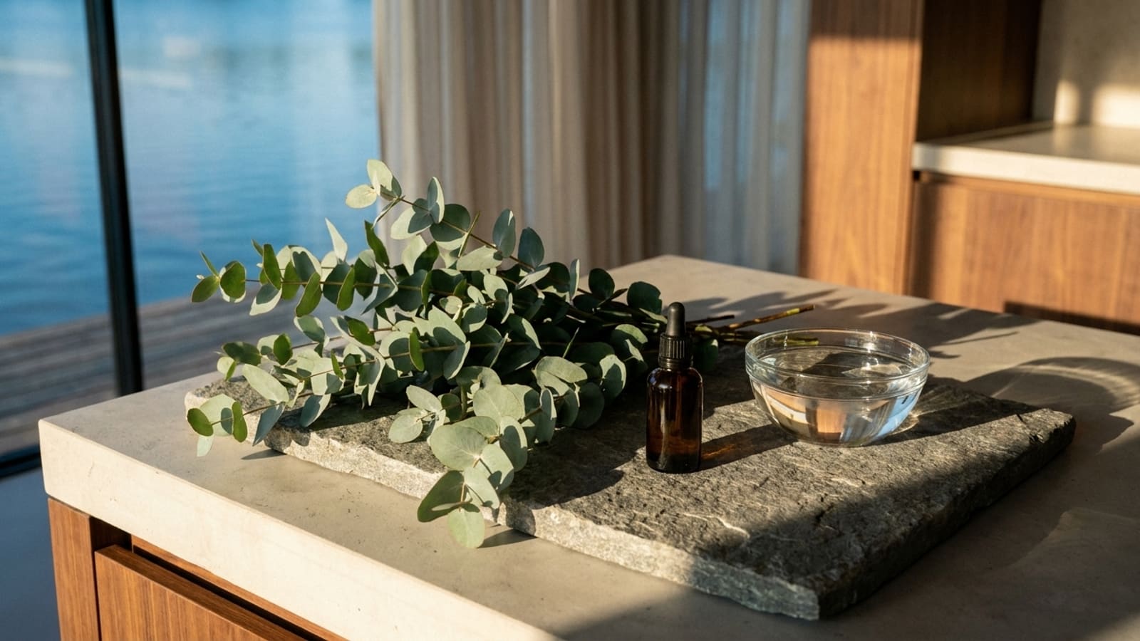 Takken eucalyptus met ronde grijsgroene blaadjes op een ruwe grijze stenen plaat, ernaast een bruin druppelflesje met zwarte dop en een glazen schaaltje water, in laag zonlicht op een licht werkblad met bruine kastjes, met een gordijn en blauw water buiten het raam op de achtergrond