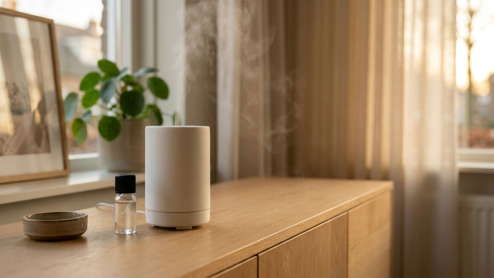 Witte cilindervormige diffuser met een sliert nevel op een houten dressoir, ernaast een klein doorzichtig flesje met zwarte dop en een bruin schaaltje, met een groene kamerplant in de vensterbank en lichte gordijnen op de achtergrond