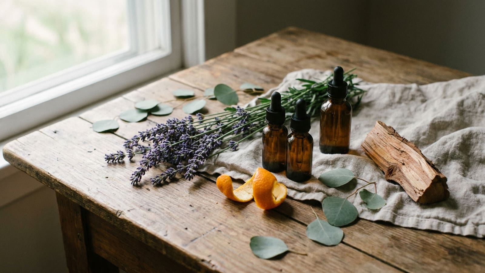 Drie bruine glazen pipetflesjes zonder etiket op een gekreukte doek, met een bos lavendel, ronde groene blaadjes, een krul sinaasappelschil en een stuk hout op een houten tafel bij het raam