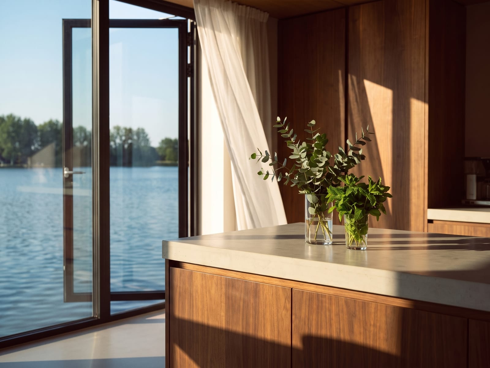 Schone keuken met open raam, eucalyptus en munt in een glas water